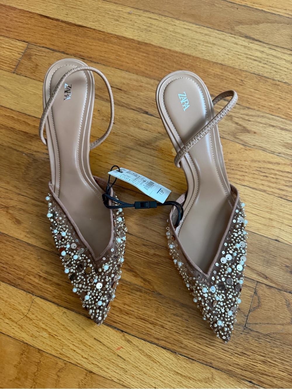 Zara Beaded Pointed Toe Slingback Heels in Tan With Beads & Pearl Accents
